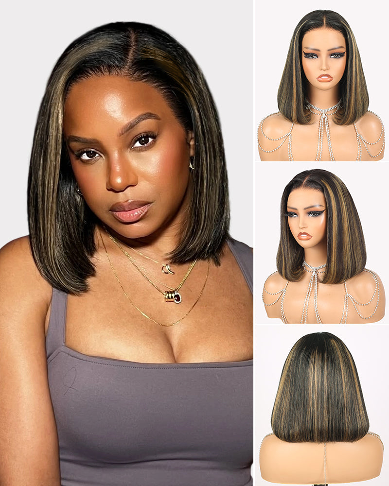 Balayage Highights Colored Straight Bob Glueless 6x5 Pre-Cut Lace Human Hair Wig