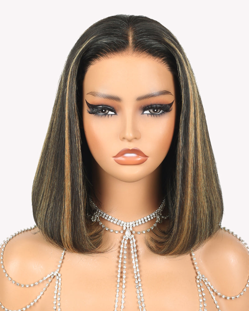Balayage Highights Colored Straight Bob Glueless 6x5 Pre-Cut Lace Human Hair Wig
