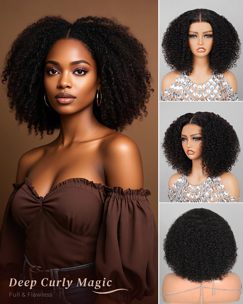 【Bogo Sale】Deep Curly Natural Black Bob Wig Pre-Cut 6x5/6x6 Lace Human Hair Wig