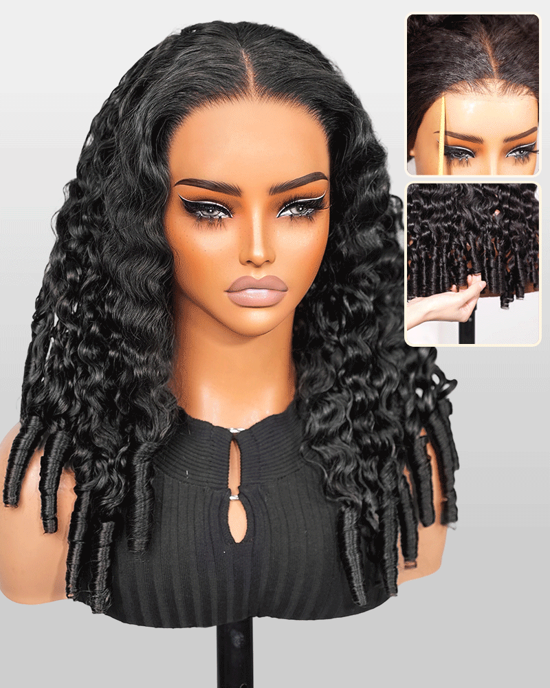Arabella 3D Lace Half Wig Water Wave With Finger Coil Ends Wig Natural Black Breathable &amp; Security