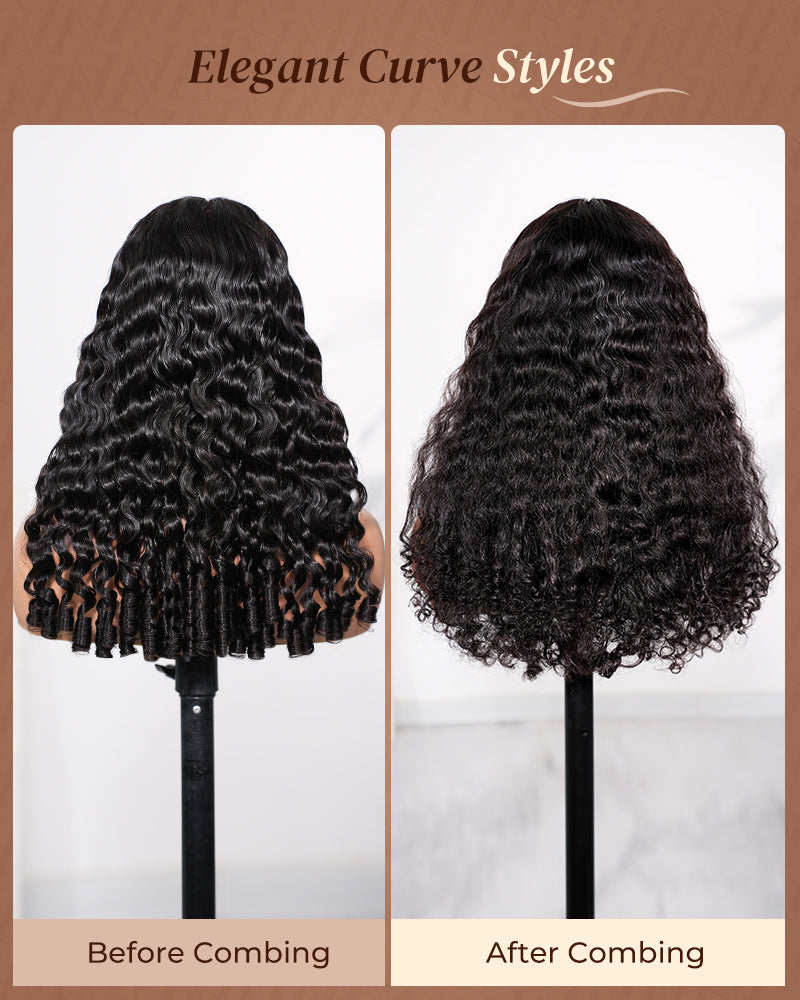 Arabella 3D Lace Half Wig Water Wave With Finger Coil Ends Wig Natural Black Breathable &amp; Security