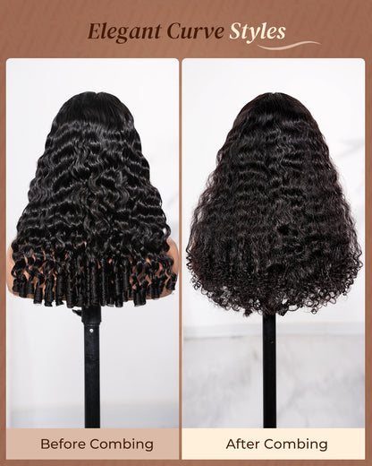 Arabella 3D Lace Half Wig Water Wave With Finger Coil Ends Wig Natural Black Breathable &amp; Security