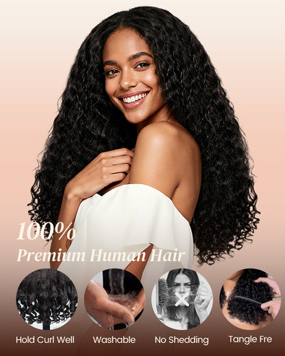 Arabella 3D Lace Half Wig Water Wave With Finger Coil Ends Wig Natural Black Breathable &amp; Security
