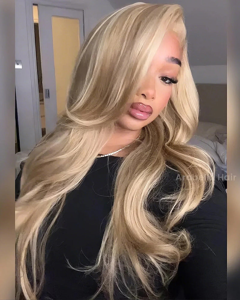 Brown Hair Blonde Wavy Human Hair Wigs Blonde Khaki #12/613