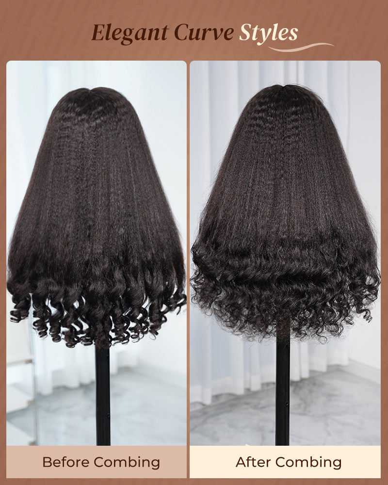Arabella 3D Lace Half Wig Yaki Straight With Finger Coil Ends Wig Natural Black Breathable &amp; Security