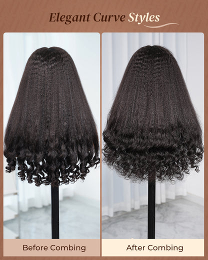 Arabella 3D Lace Half Wig Yaki Straight With Finger Coil Ends Wig Natural Black Breathable &amp; Security