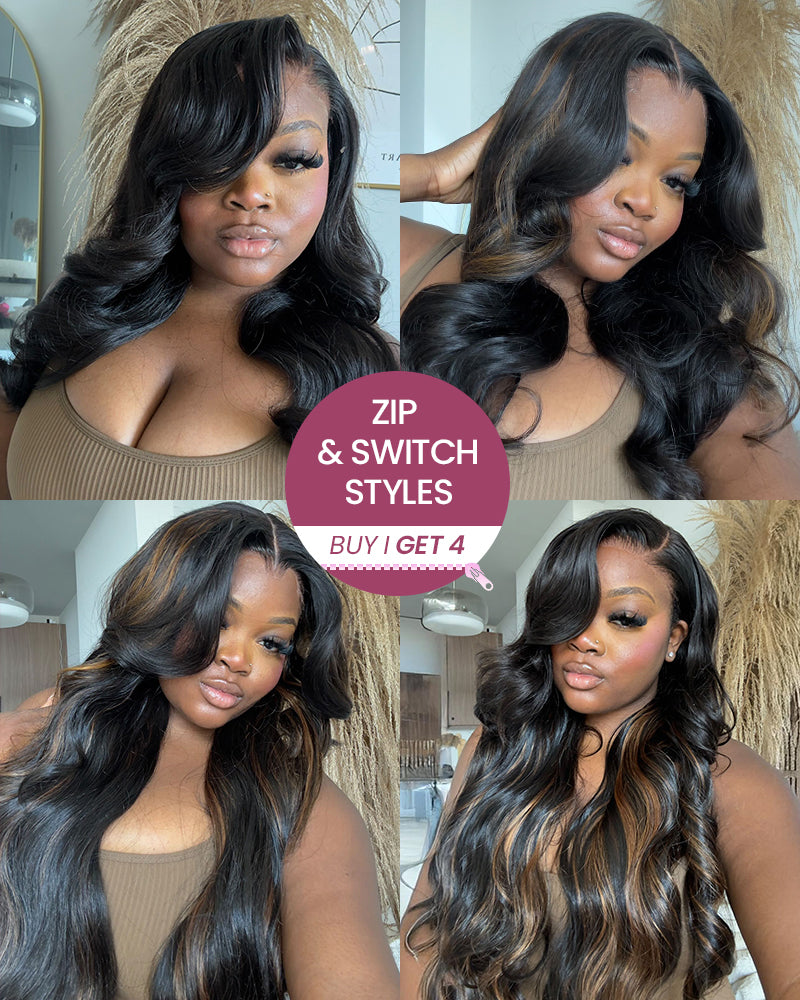ZIP &amp; Mix-All Wigs | Body Wave Natural Black Glueless 6x5 Pre-Cut Lace Wig With Optional Replaceable Tops