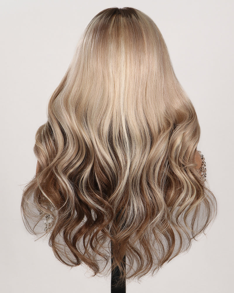 Pure-Luxe™ Blonde &amp; Brown Ombre Colored Blowout Wavy Pre-Cut 13x6 Glueless Lace Front Human Hair Wigs