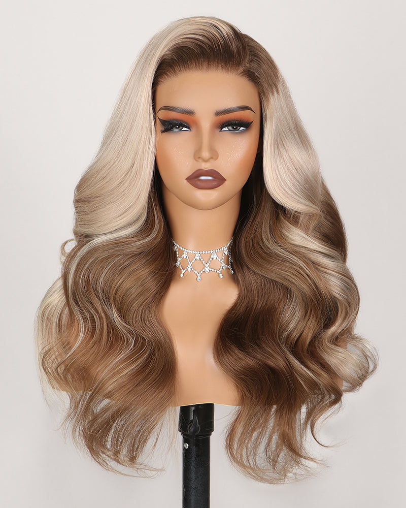 Pure-Luxe™ Blonde &amp; Brown Ombre Colored Blowout Wavy Pre-Cut 13x6 Glueless Lace Front Human Hair Wigs