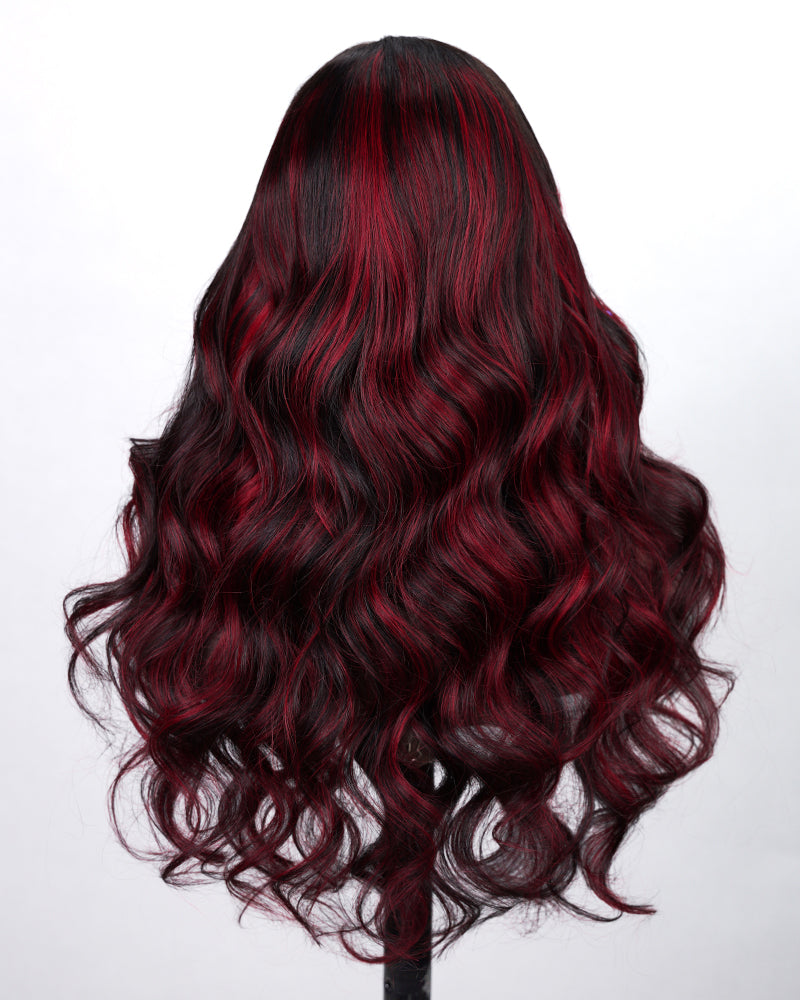 18&quot;=$102 | Dark Burgundy Rose Red Highlights Colored Body Wave 13x4 Lace Front Human Hair Wig