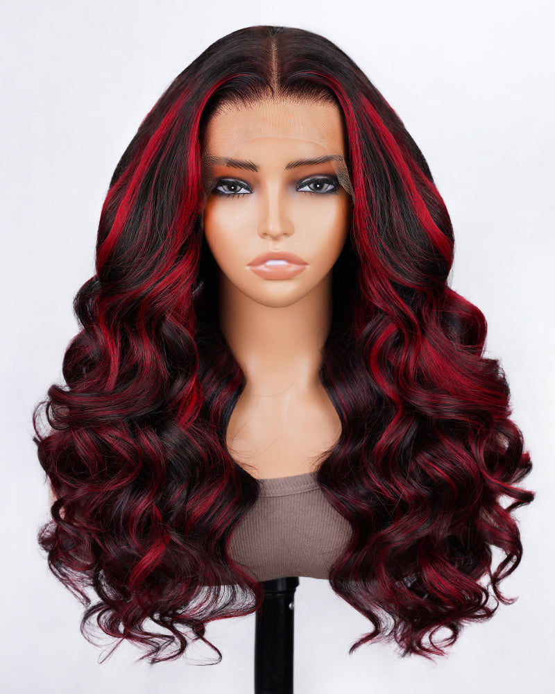 18&quot;=$102 | Dark Burgundy Rose Red Highlights Colored Body Wave 13x4 Lace Front Human Hair Wig