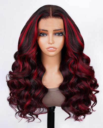 18&quot;=$102 | Dark Burgundy Rose Red Highlights Colored Body Wave 13x4 Lace Front Human Hair Wig