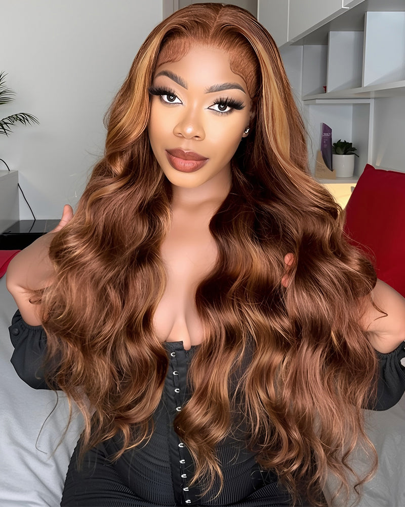 Honey Blonde Piano Highlight Color Glueless Pre-cut 6x5 Lace Body Wave Human Hair Wigs