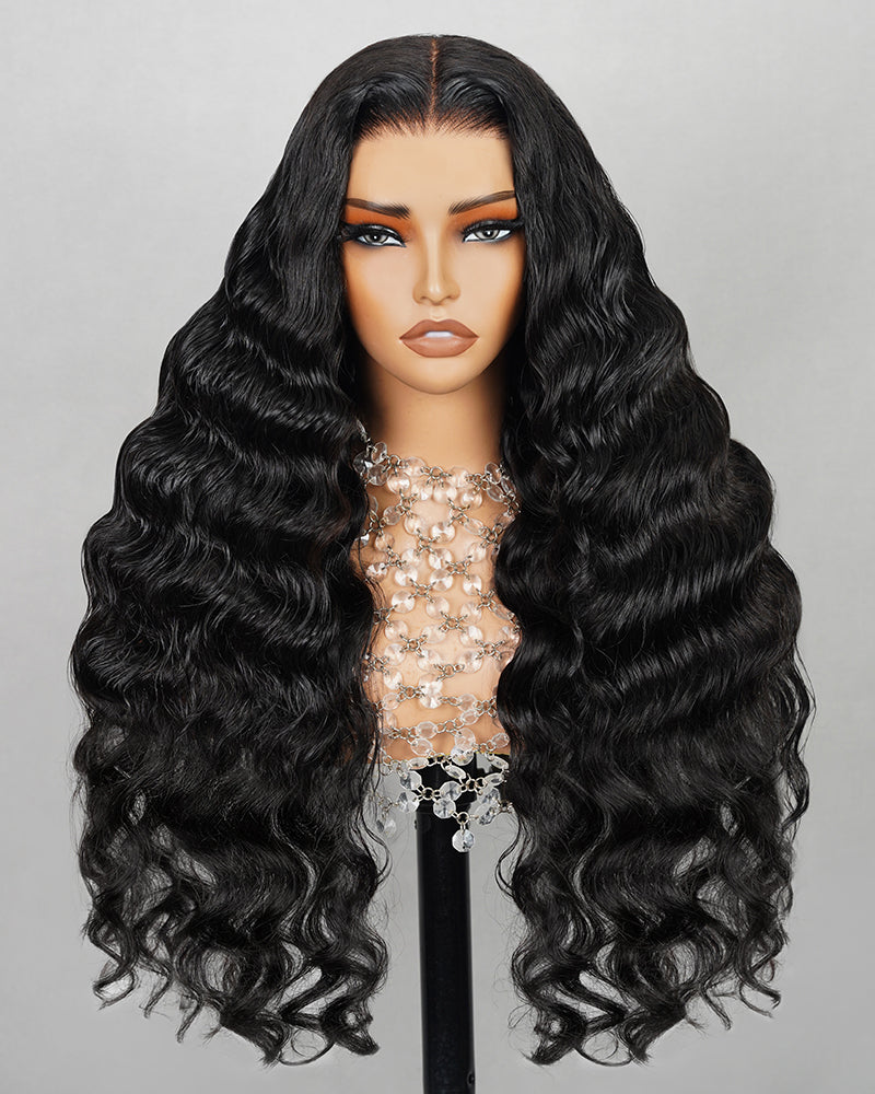 Natural Black Pre-Cut 6x5 Lace Natural Loose Wave Pre-Bleached Knots Glueless Human Hair Wigs