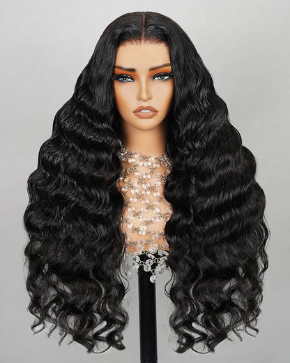 Natural Black Pre-Cut 6x5 Lace Natural Loose Wave Pre-Bleached Knots Glueless Human Hair Wigs