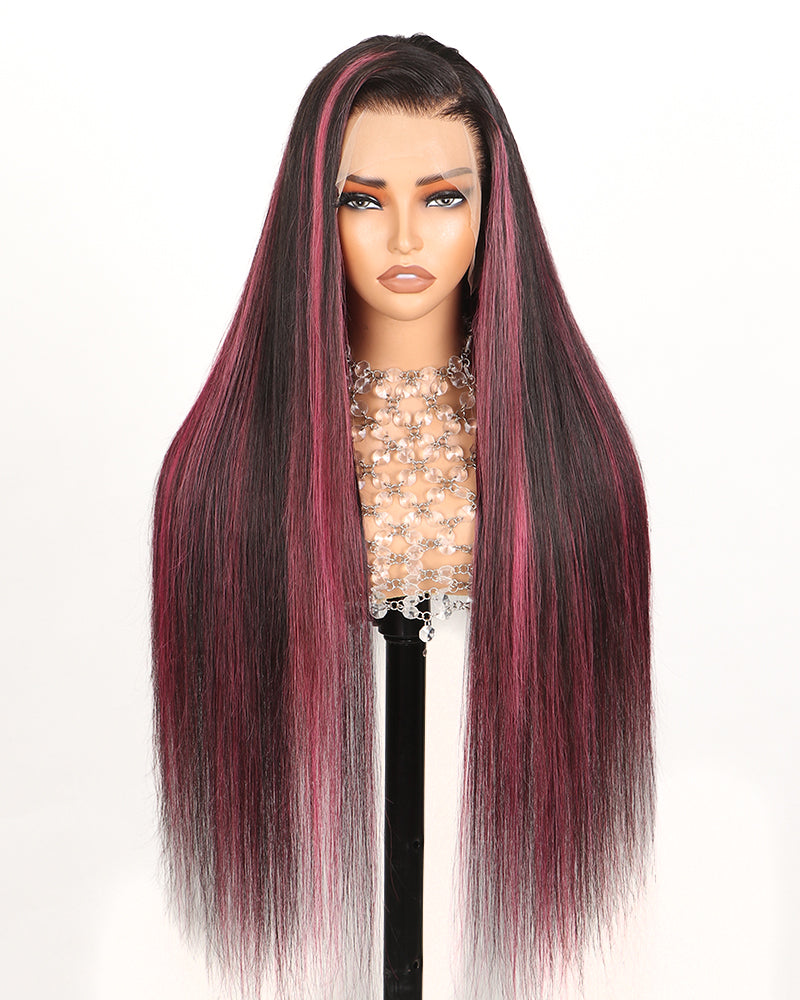 24&quot;=$150 | Red Purple Highlights Color Straight 13x4 Lace Front Human Hair Wigs Free Part