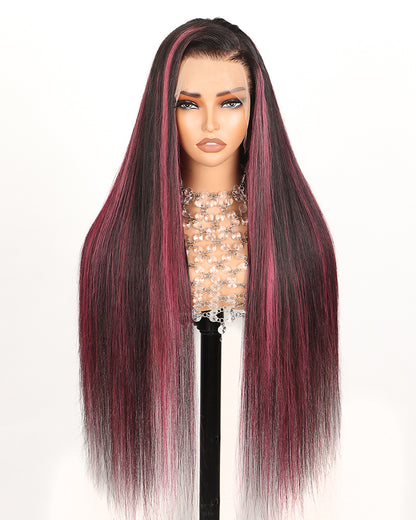 24&quot;=$150 | Red Purple Highlights Color Straight 13x4 Lace Front Human Hair Wigs Free Part