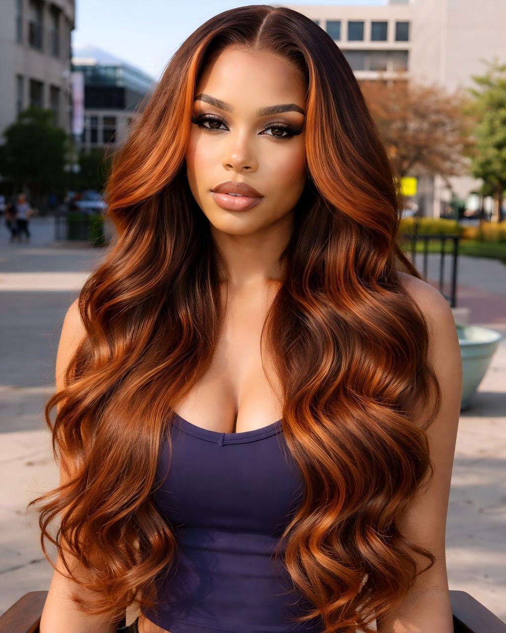 【Subscriber Deal】13x4 Lace Body Wave Ombre Brown Color With Ginger Color Bleached Knots Middle Part Human Hair Wigs