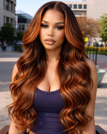 【Subscriber Deal】13x4 Lace Body Wave Ombre Brown Color With Ginger Color Bleached Knots Middle Part Human Hair Wigs