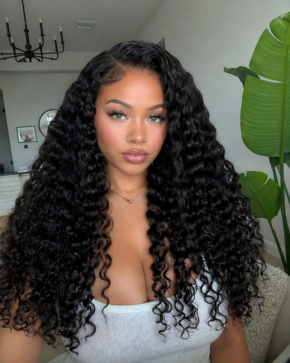 $300-$150 | Arabella 6x5 Invisible Knots Glueless Lace Deep Wave Wig Pre-cut Lace Natural Black Beginner Friendly