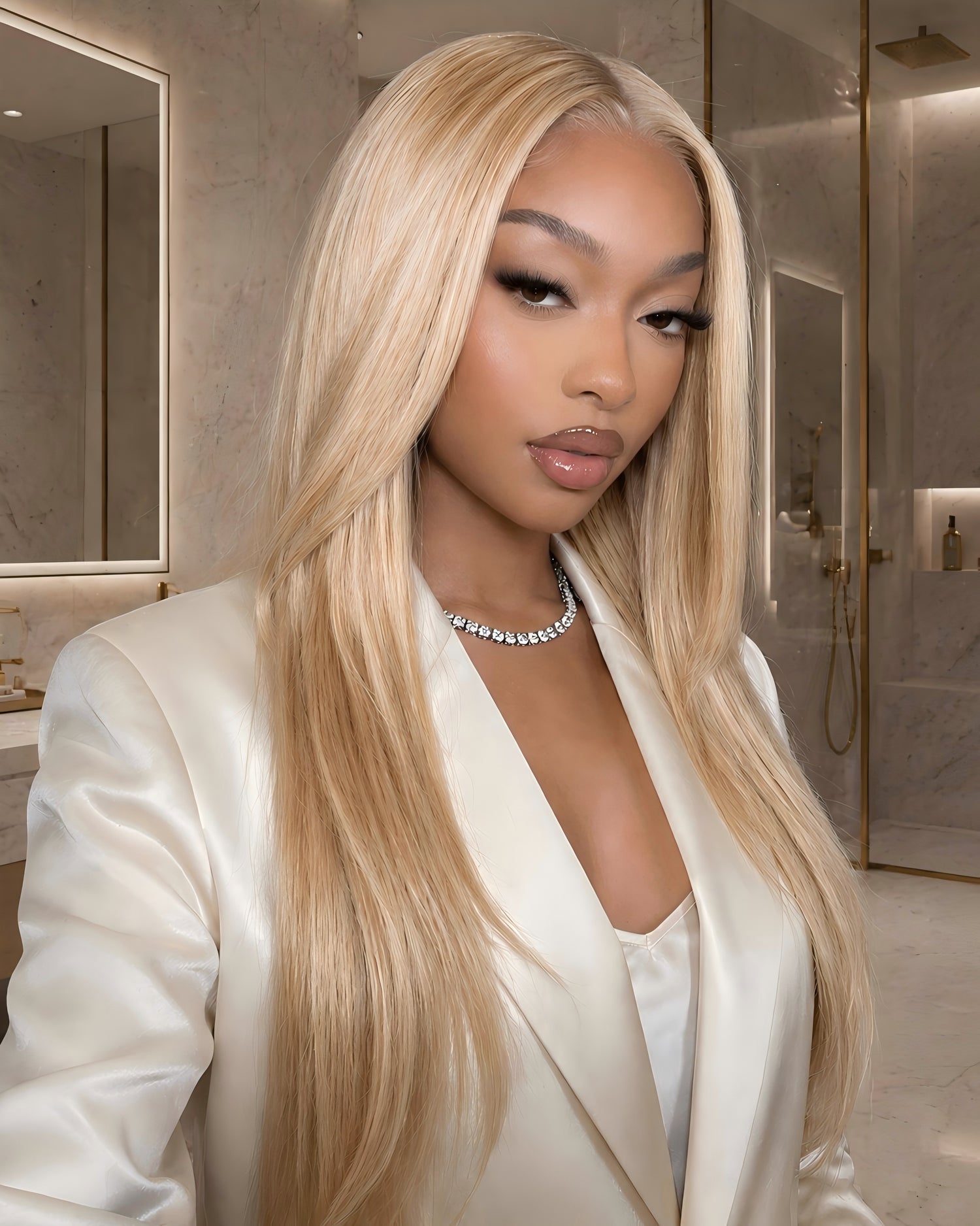$200-$100 | Arabella 6x5 Invisible Knots &amp; 13x4 Frontal Lace Blonde Khaki Highlight Straight Wig Invisible Knots Realistic Hairline