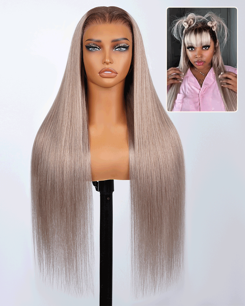 Pure-Luxe™ Ash Blonde with Dark Roots Ombre Colored Straight Pre-Cut 13x6 Lace 250% Ultra-Dense Glueless Human Hair Wig