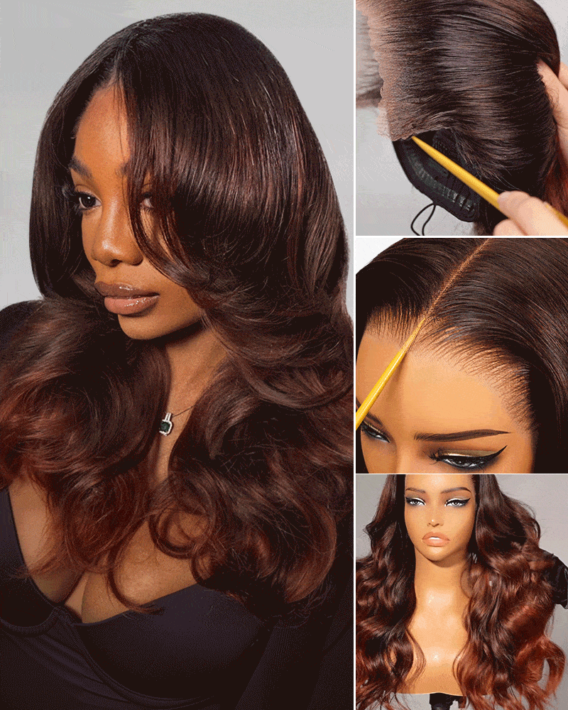 Pure-Luxe™ Airtouch Balayage Highlights Burgundy Ombre Color Blowout In Wavy Pre-Cut 13x6 Lace Ultra-Dense Glueless Human Hair Wig