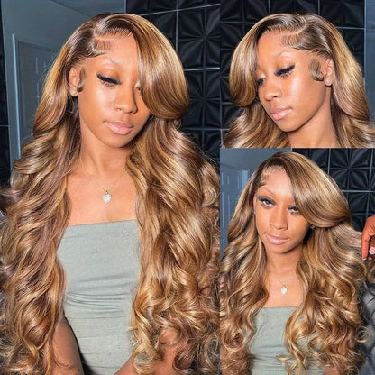 $200-$100 | Arabella 13x4 Frontal Lace Honey Blonde Highlights On Brown Wig Body Wave Wig Invisible Knots Realistic Hairline