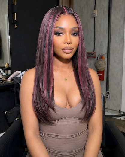 24 Inches 4x4 Lace Closure Straight Purple Highlight Wig - Glueless Human Hair Wig