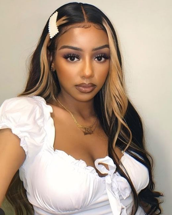 24 Inches Money Piece Highlight on Natural Black Straight Glueless  4x4 Lace Closure Human Hair Wigs