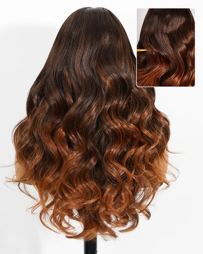 Pure-Luxe™ Airtouch Balayage Caramel Highlights Ombre Color Blowout In Wavy Pre-Cut 13x6 Lace Ultra-Dense Glueless Human Hair Wig