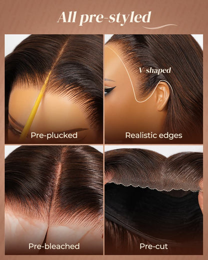Pure-Luxe™ Airtouch Balayage Caramel Highlights Ombre Color Blowout In Wavy Pre-Cut 13x6 Lace Ultra-Dense Glueless Human Hair Wig