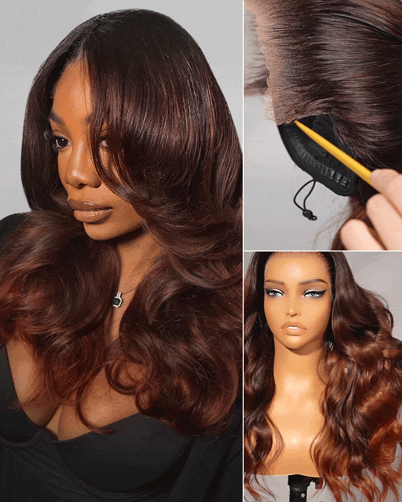 Pure-Luxe™ Airtouch Balayage Highlights Burgundy Ombre Color Blowout In Wavy Pre-Cut 13x6 Lace Ultra-Dense Glueless Human Hair Wig