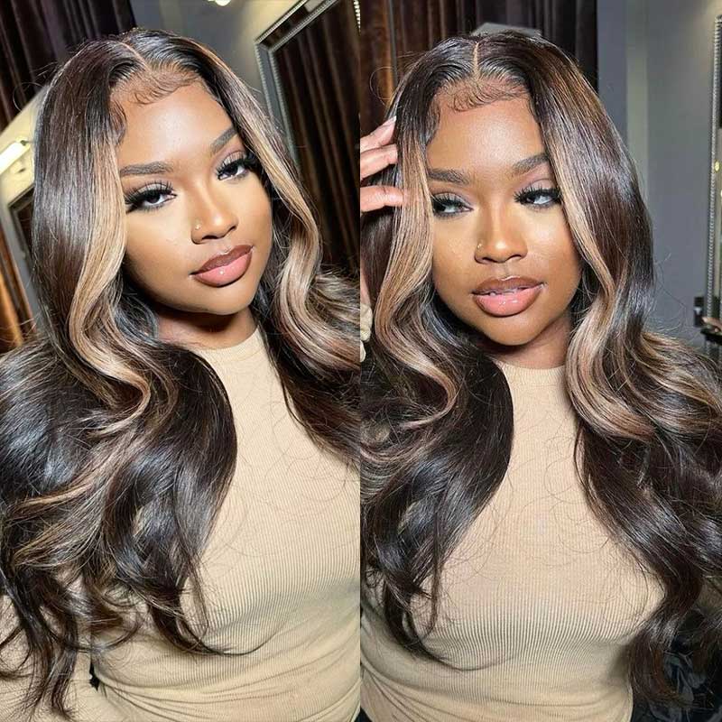 Skunk Stripe Highlight in Chocolate Brown Color Transparent Lace Frontal Glueless Long Human Hair Wig