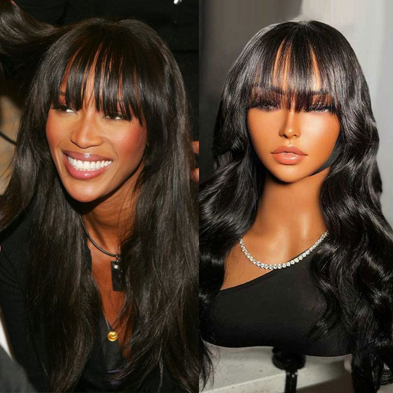 Body Wave With Bangs Natural Black Non-Lace Machine Made Protective Style Human Hair Wigs