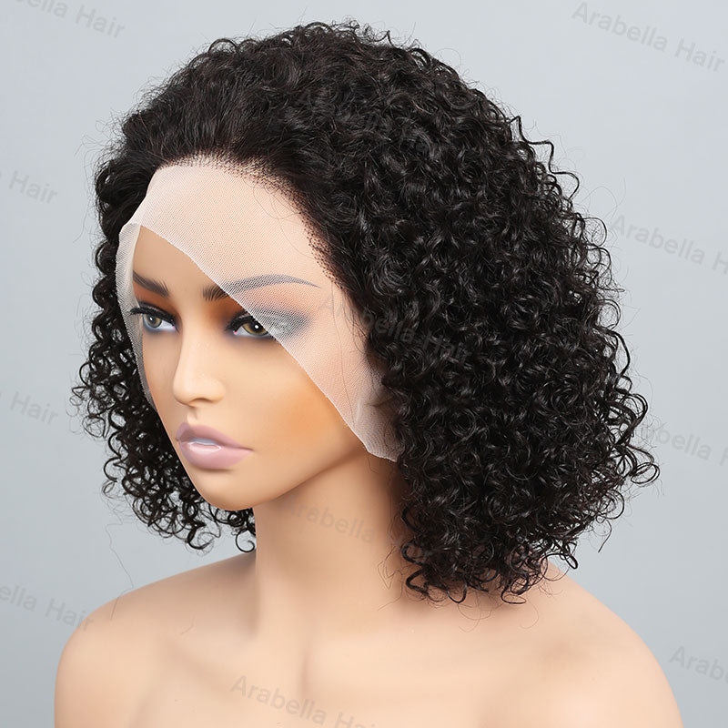Glueless 13x4 Lace Front Jerry Curly Bob Wig-Natural Black Easy-Wear Human Hair Wig