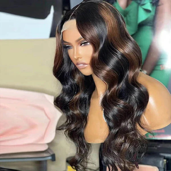 13x4 Glueless Brown Highlight Color Pre-Cut Lace Front Natural Hairline Easy-Wear Body Wave Human Hair Wig Beginner-Friendly