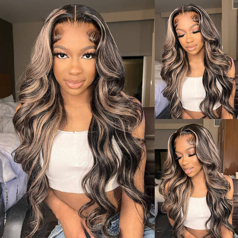 24&quot; 13x4 Glueless Lace Front Balayage Highlights Colored Body Wave Human Hair Wigs