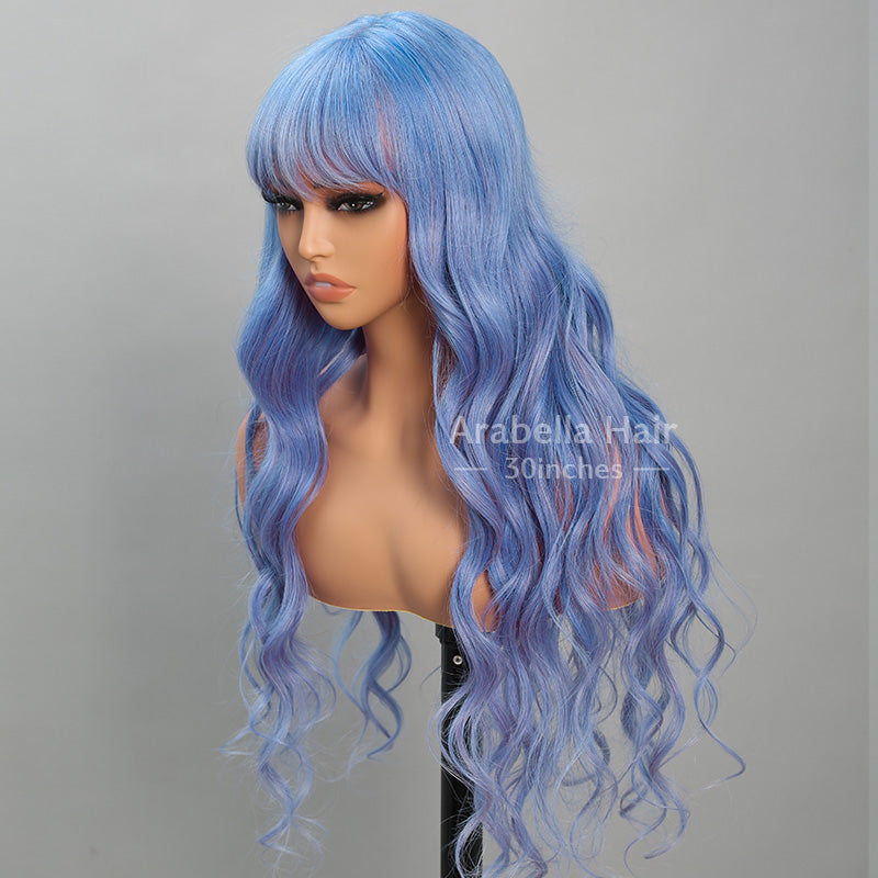 Lavender Color Body Wave/Sraight Ombre 3x2 Lace  Human Hair Wig With Bangs