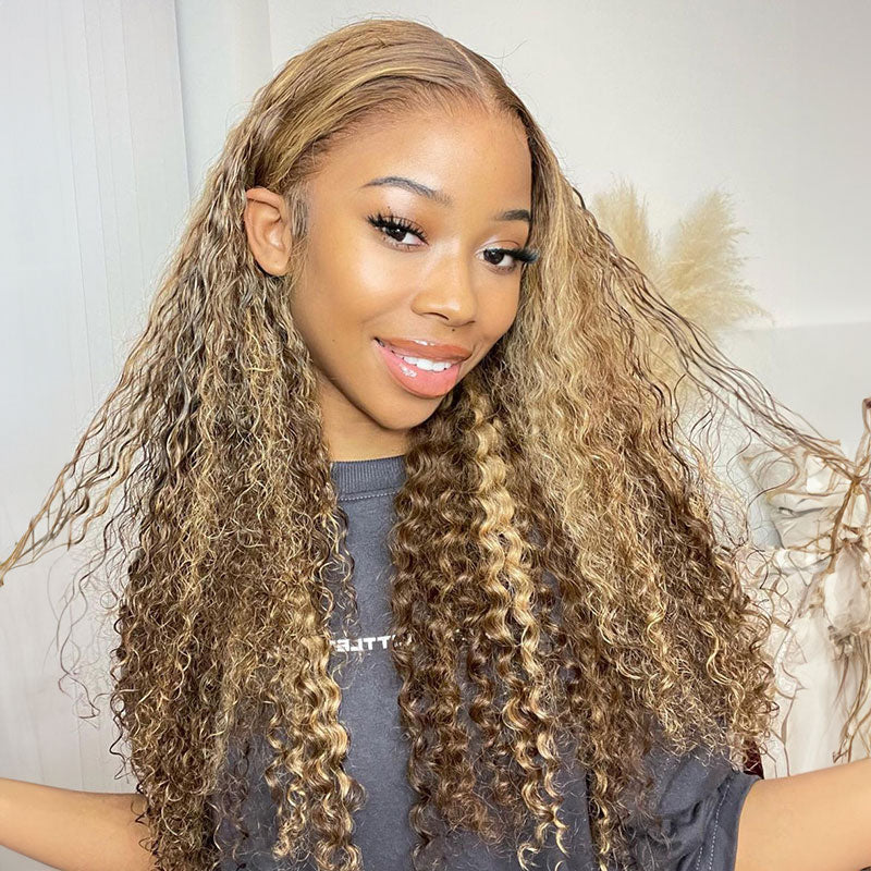 Honey Blonde Piano Highlights Color Curly Wigs 13x4/13x6 Lace Front VirginHuman Hair Wigs Free Part