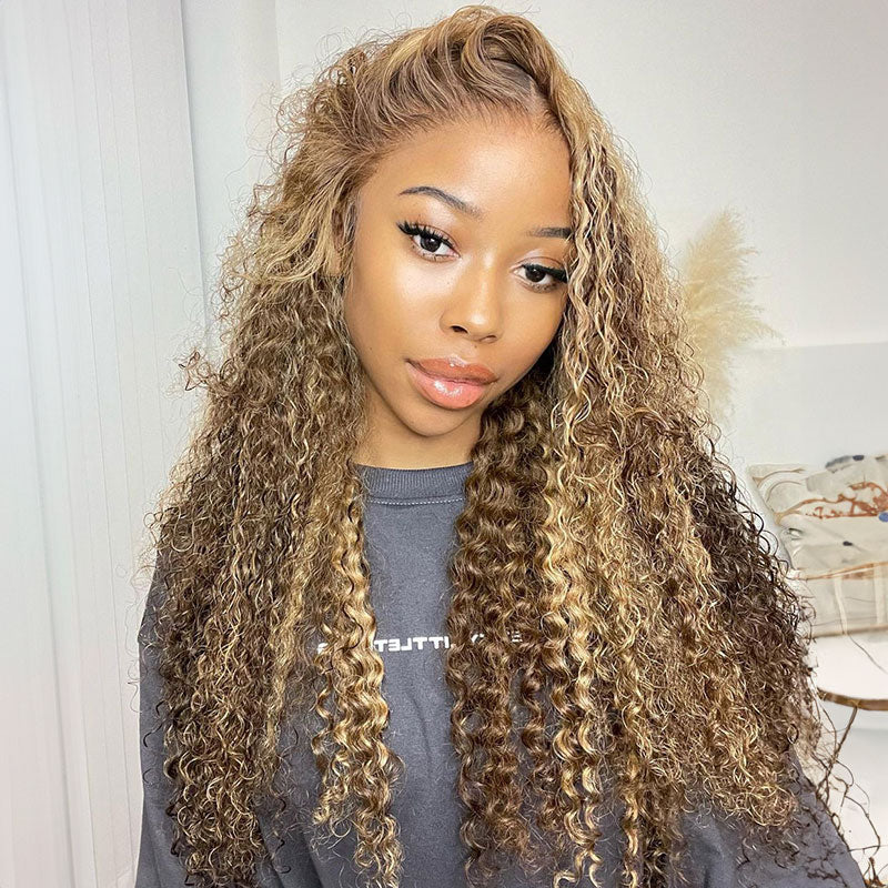 Honey Blonde Piano Highlights Color Curly Wigs 13x4/13x6 Lace Front VirginHuman Hair Wigs Free Part
