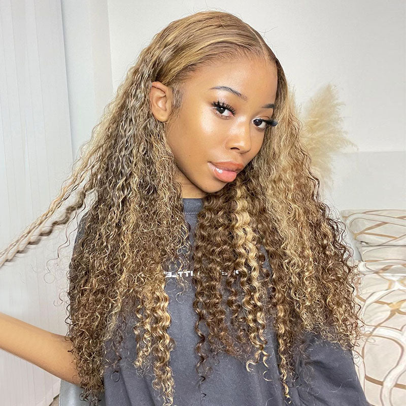 Honey Blonde Piano Highlights Color Curly Wigs 13x4/13x6 Lace Front VirginHuman Hair Wigs Free Part