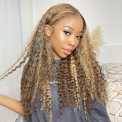 Honey Blonde Piano Highlights Color Curly Wigs 13x4/13x6 Lace Front VirginHuman Hair Wigs Free Part