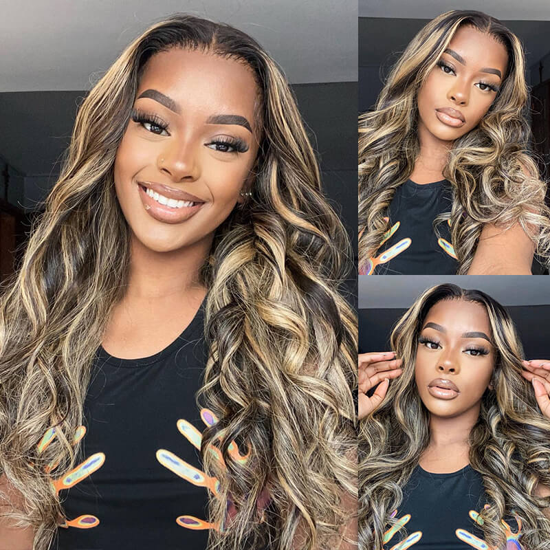 18&quot; 13x4 Glueless Front Balayage Highlights Colored Body Wave Human Hair Wigs