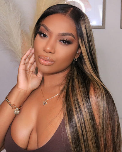 【Bogo Sale】Balayage Highlight Colored Straight 13x4 Lace Front Human Hair Wig