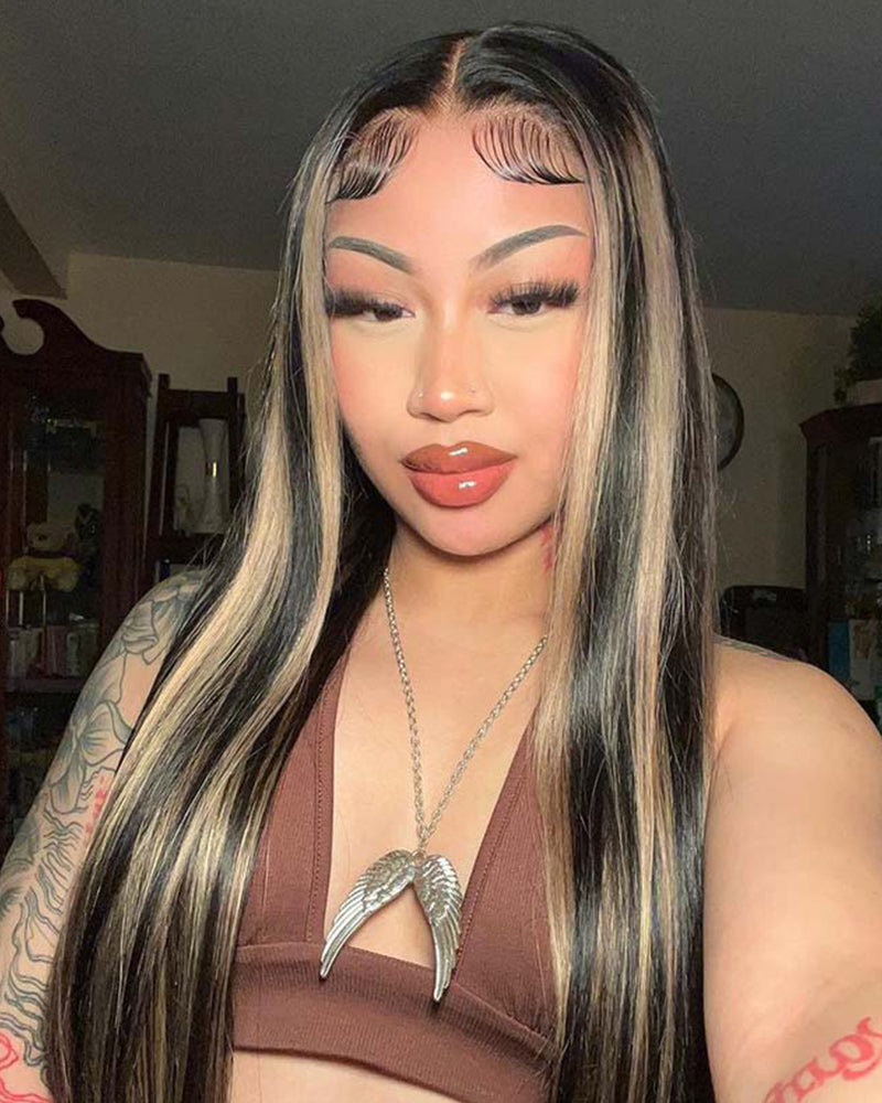 【Bogo Sale】Balayage Highlight Colored Straight 13x4 Lace Front Human Hair Wig