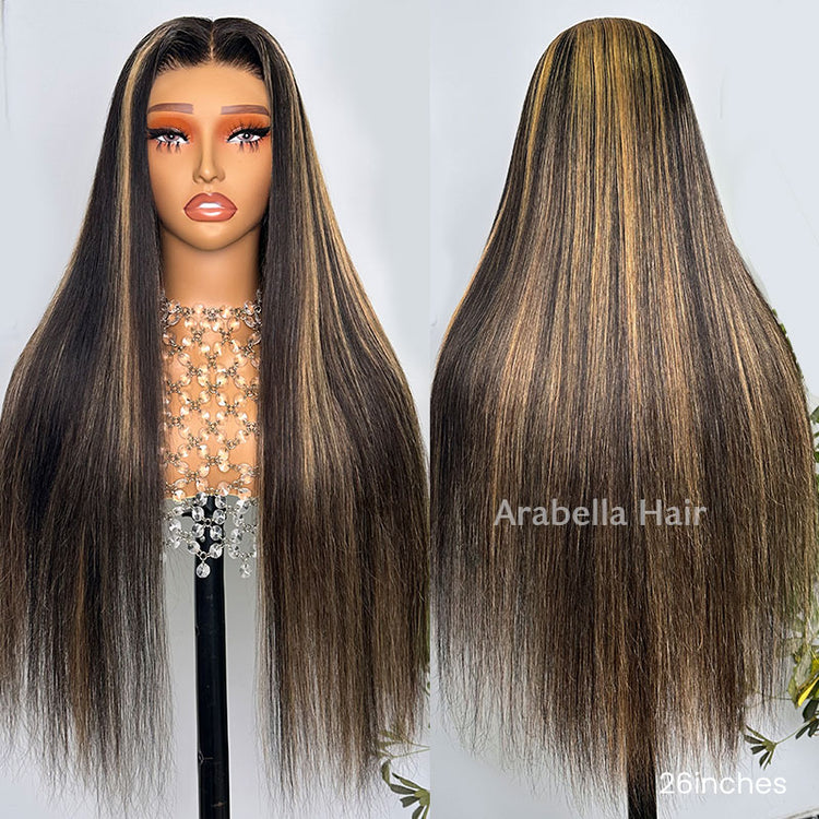 34" 13x4 Glueless Lace Straight Balayage Highlight Colored Lace Front Bleach Knots Human Hair Wig