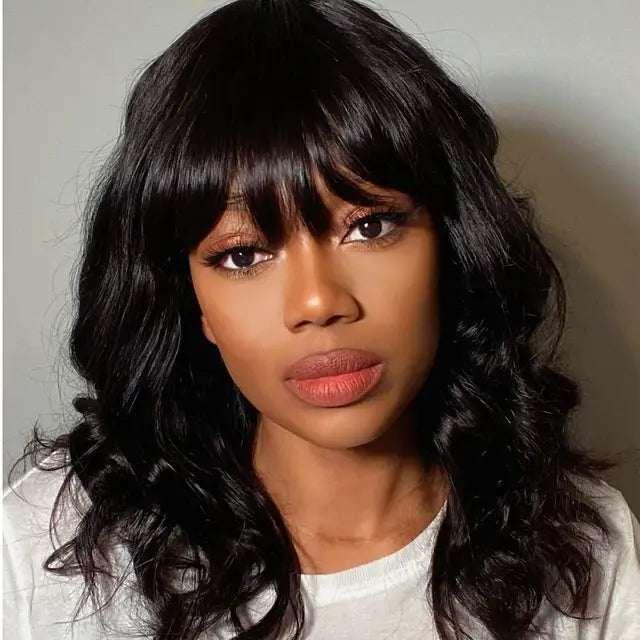 16&quot; Body Wave With Bangs Glueless Wig Non-Lace Machine Made Natural Black Protective Style Human Hair Wigs