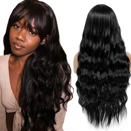 30&quot; Long Length Body Wave With Bangs Glueless Wig Non-Lace Machine Made Natural Black Protective Style Human Hair Wigs