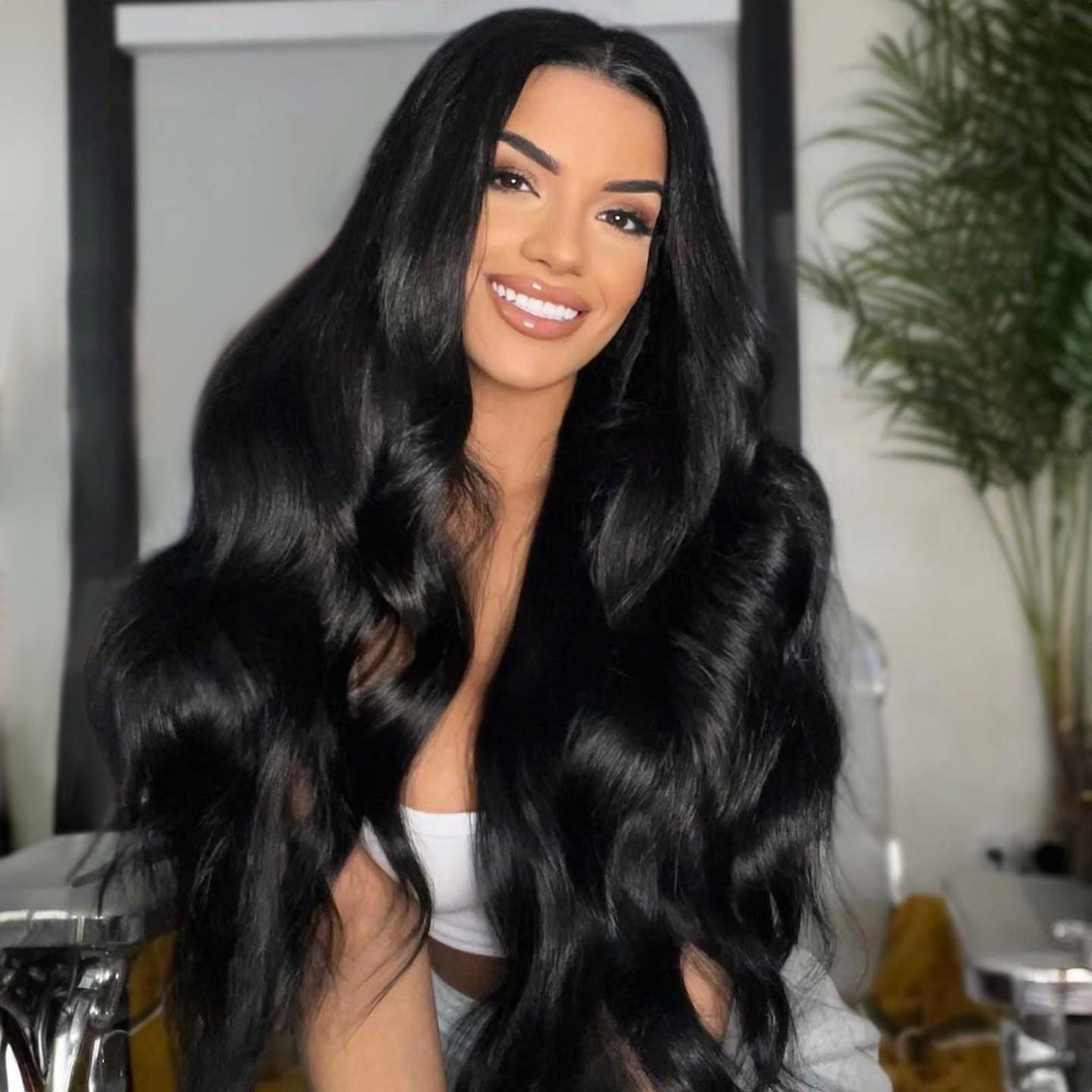 Body Wave Natural Black 13x4 Lace Front Human Hair Wig With Bleached Knots